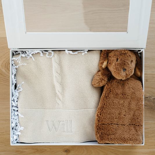 Find the perfect baby gift box with a bundle of a cotton knit receiving baby blanket and stuffed animal lovey.