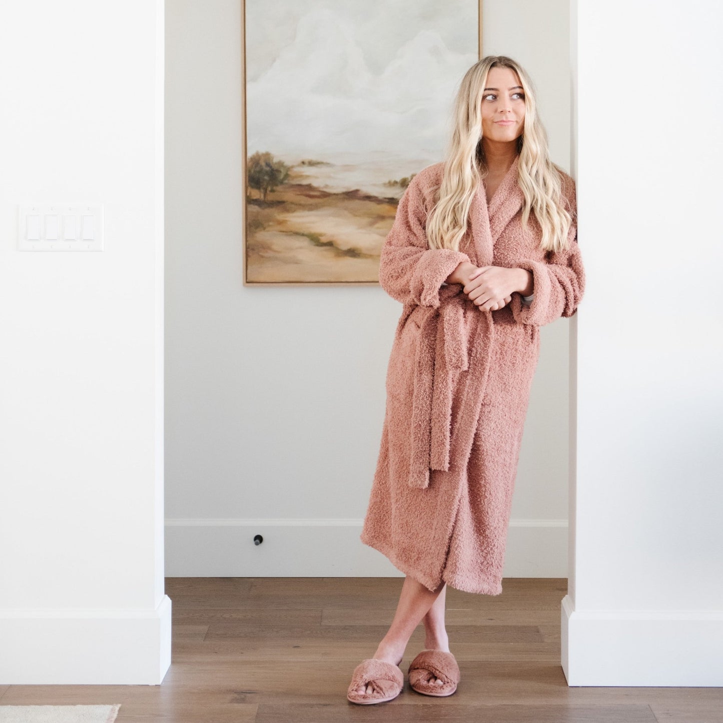 Woman dressed in matching slippers and French Rose COZY BAMBONI ROBES - Saranoni