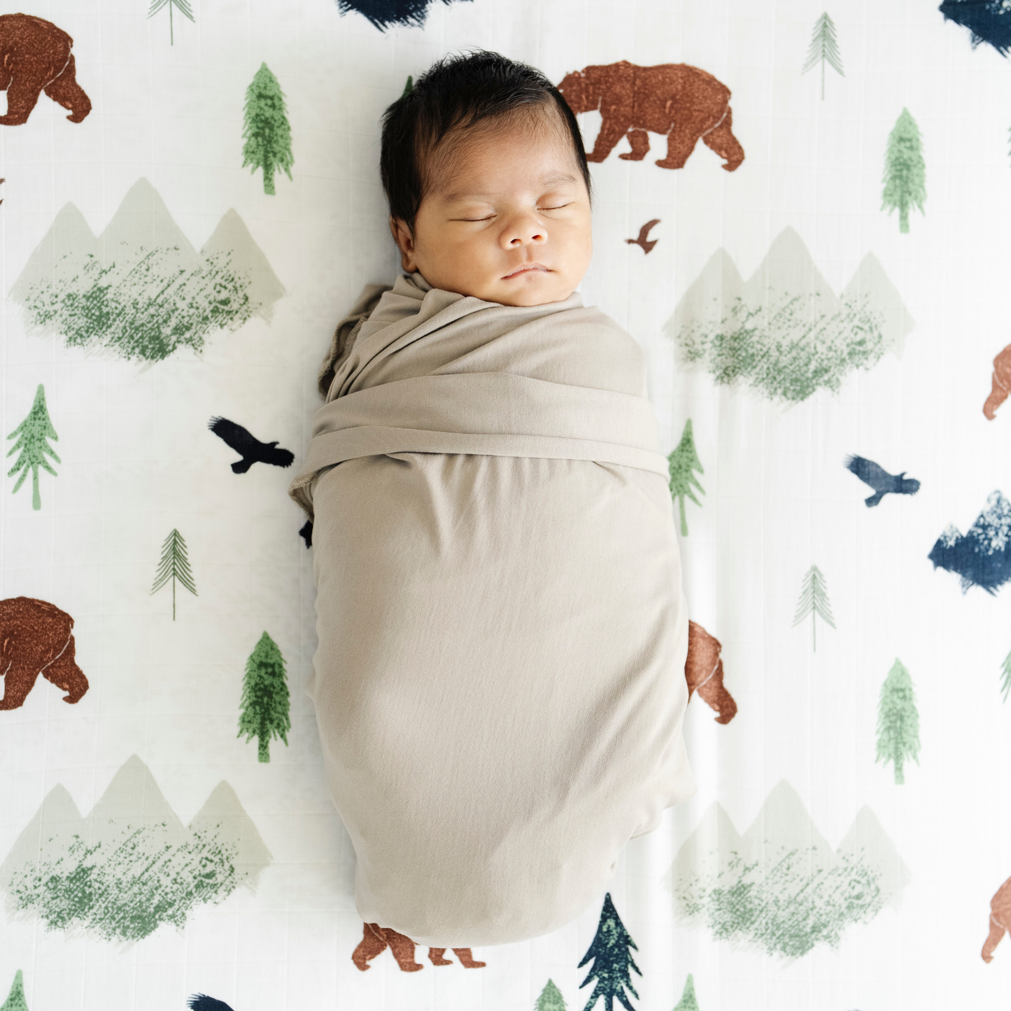 Baby boy swaddled in Saranoni stretch swaddle while laying on Yosemite Cotton Muslin Crib sheet.
