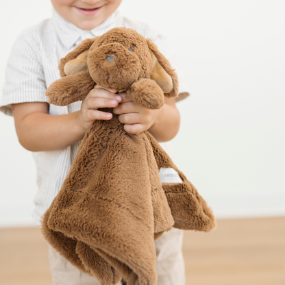 Little boy holding soft lush Puppy Stuffed Animal lovey.