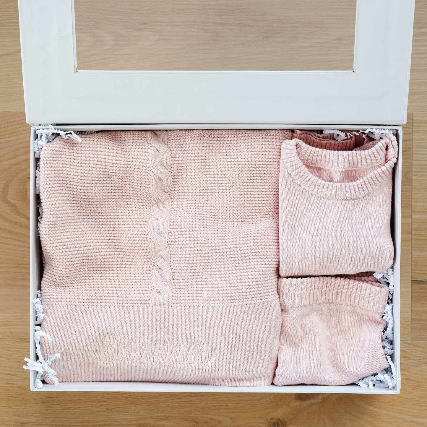 Baby Gift box bundle with timeless Heirloom Cotton Knit Receiving Blanket and outfit. 