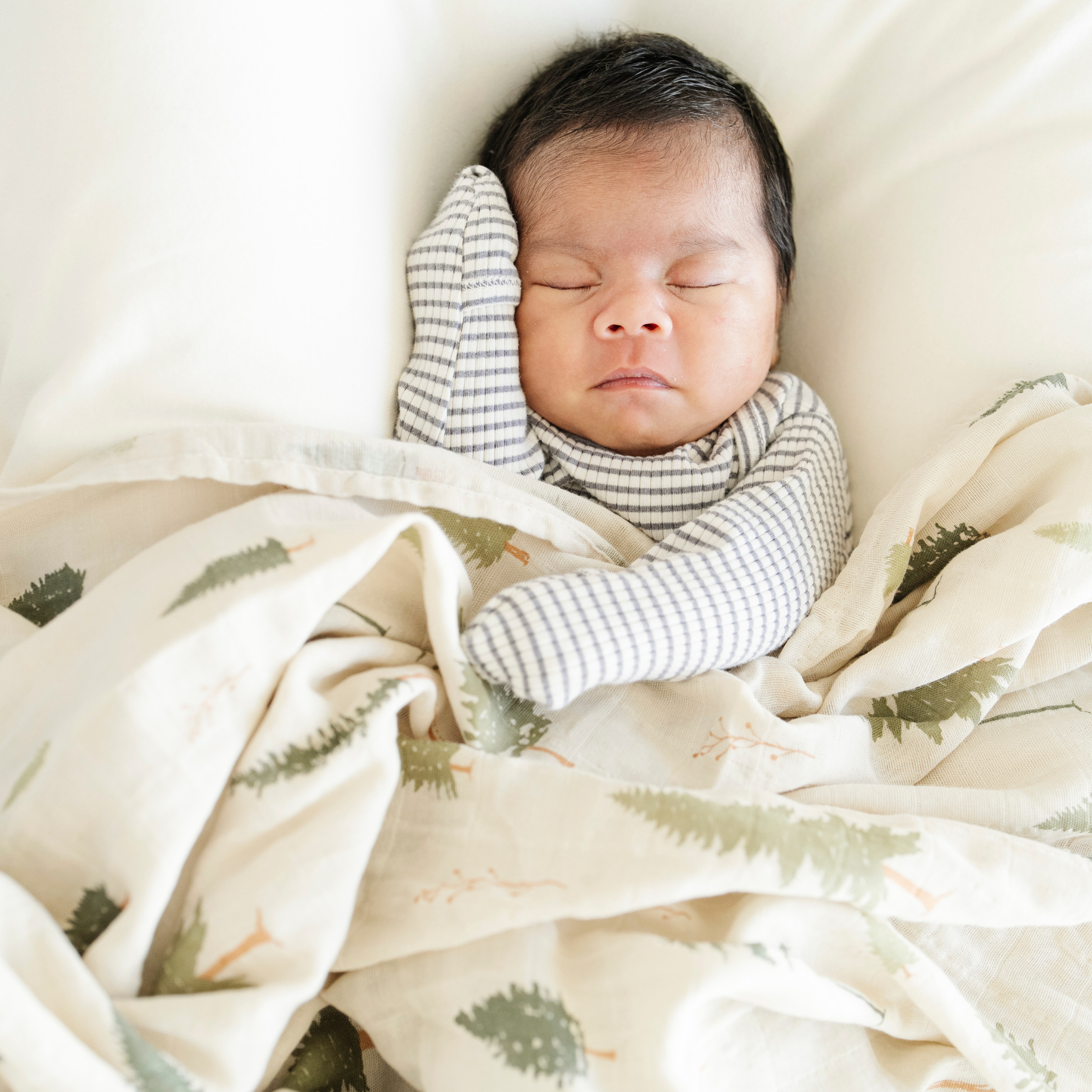Baby boy with Pine Cotton Muslin Saranoni soft swaddle. 