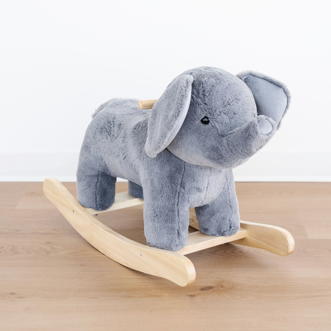 A gray stuffed animal rocker. This children's toy is from Saranoni. This can be an adorable toddler gift and is a great addition to a nursery, playroom, or bedroom.