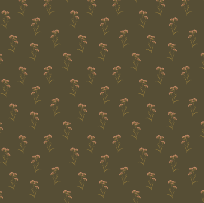 A repeating floral pattern featuring small pale pink flowers with muted green stems on a dark olive brown background.