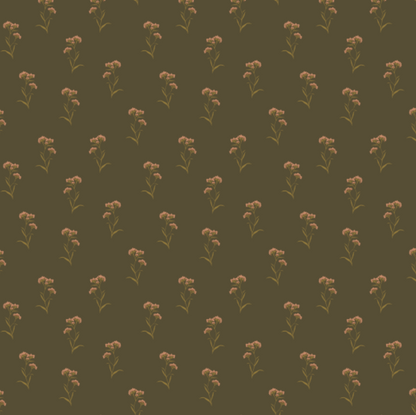 A repeating floral pattern featuring small pale pink flowers with muted green stems on a dark olive brown background.