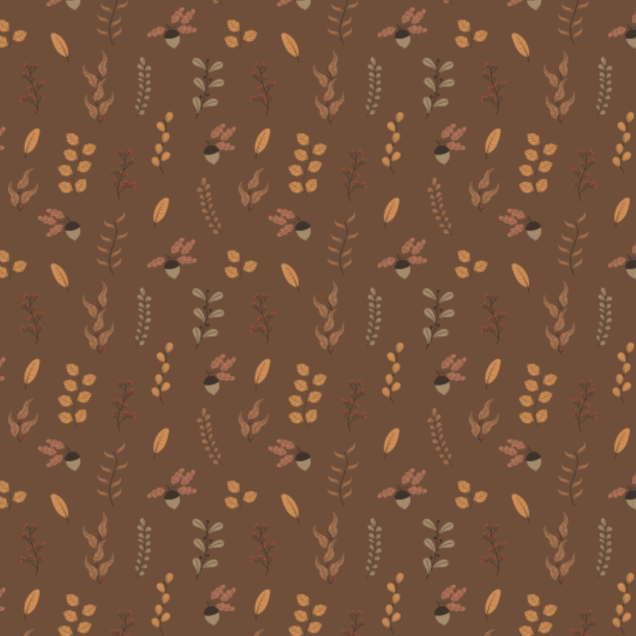 A repeating autumn-themed pattern on a medium brown background, featuring small acorns, leaves, and botanical motifs in tan, beige, muted green, and dusty red.