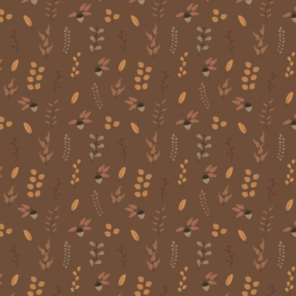 A repeating autumn-themed pattern on a medium brown background, featuring small acorns, leaves, and botanical motifs in tan, beige, muted green, and dusty red.