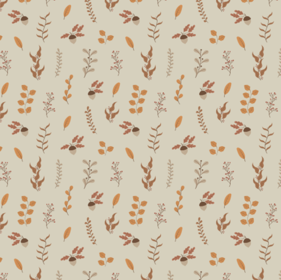 A repeating autumn botanical pattern featuring stylized leaves, acorns, and small sprigs in warm brown, rust orange, and beige tones on a light cream background.