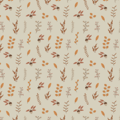 A repeating autumn botanical pattern featuring stylized leaves, acorns, and small sprigs in warm brown, rust orange, and beige tones on a light cream background.