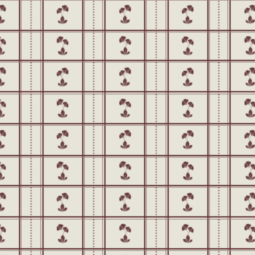 A repeating fabric or wallpaper pattern featuring a grid of cream-colored squares outlined in burgundy, with small burgundy floral motifs in the center and dotted vertical lines in several cells.
