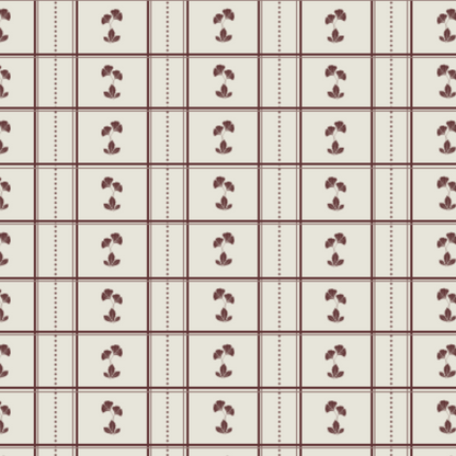 A repeating fabric or wallpaper pattern featuring a grid of cream-colored squares outlined in burgundy, with small burgundy floral motifs in the center and dotted vertical lines in several cells.