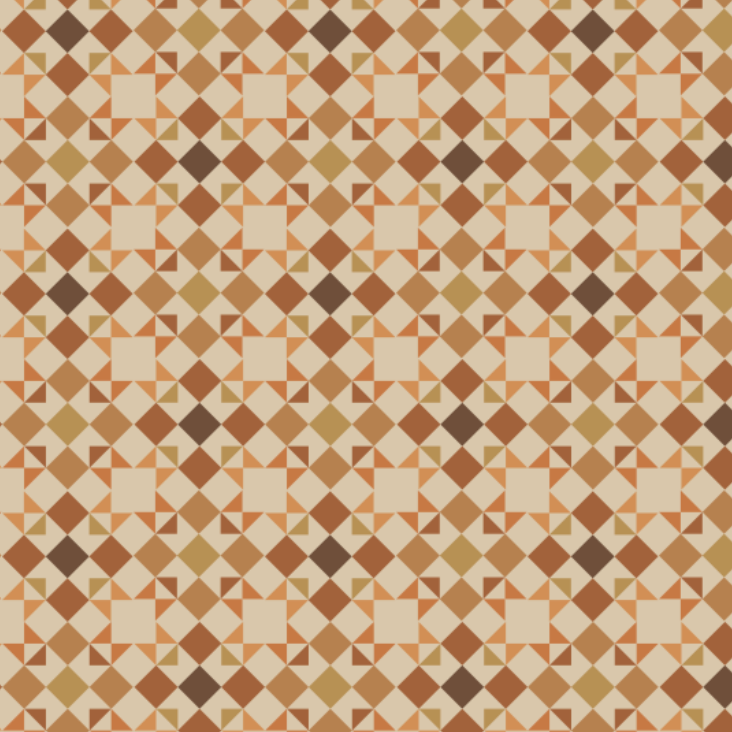 A repeating geometric pattern of small diamonds and triangles in warm neutral tones, including beige, tan, brown, and rust orange, filling the entire frame.