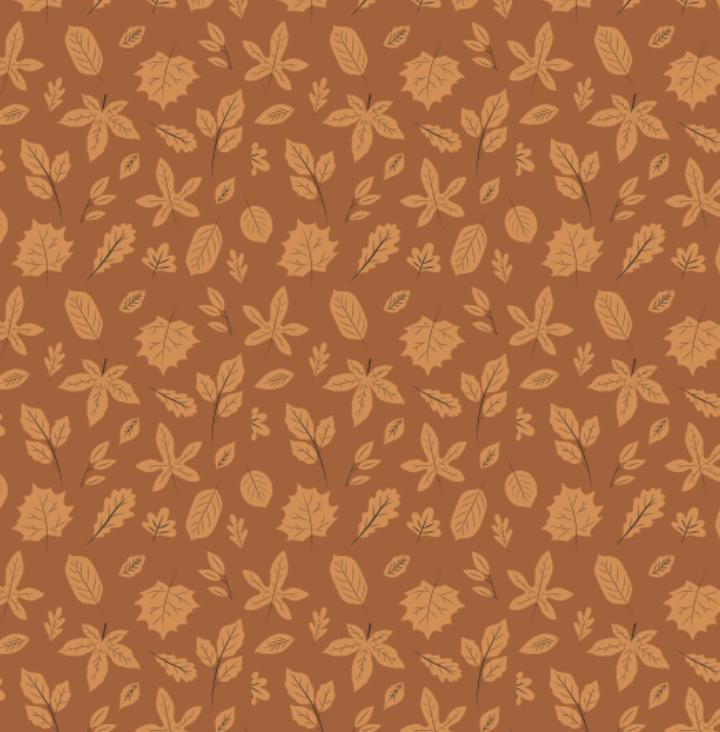 A repeating autumn leaf pattern on a warm brown background, featuring tan and beige maple and oak leaves with thin dark stems.