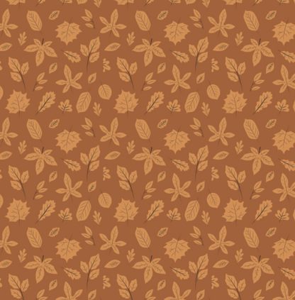 A repeating autumn leaf pattern on a warm brown background, featuring tan and beige maple and oak leaves with thin dark stems.