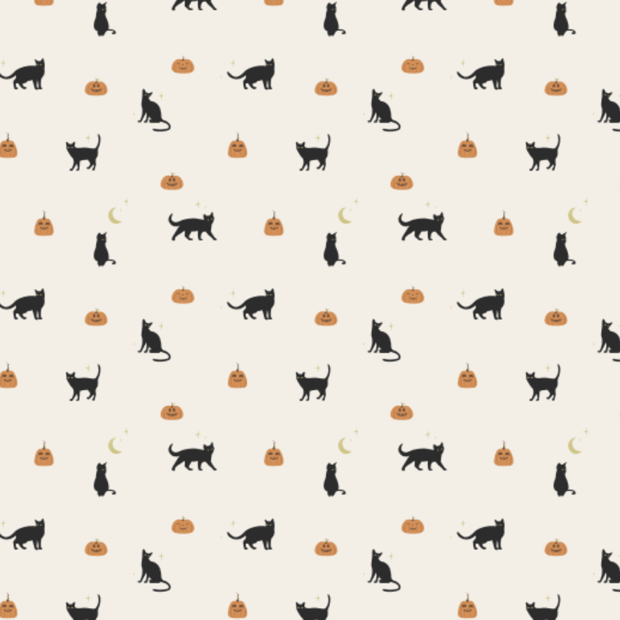 A repeating Halloween-themed pattern featuring black cat silhouettes, orange jack-o'-lanterns, and small yellow crescent moons on a warm cream background.