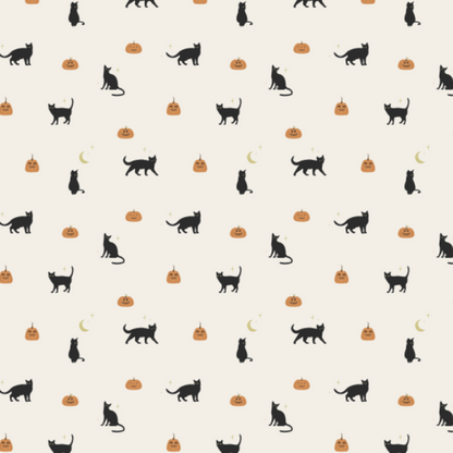 A repeating Halloween-themed pattern featuring black cat silhouettes, orange jack-o'-lanterns, and small yellow crescent moons on a warm cream background.
