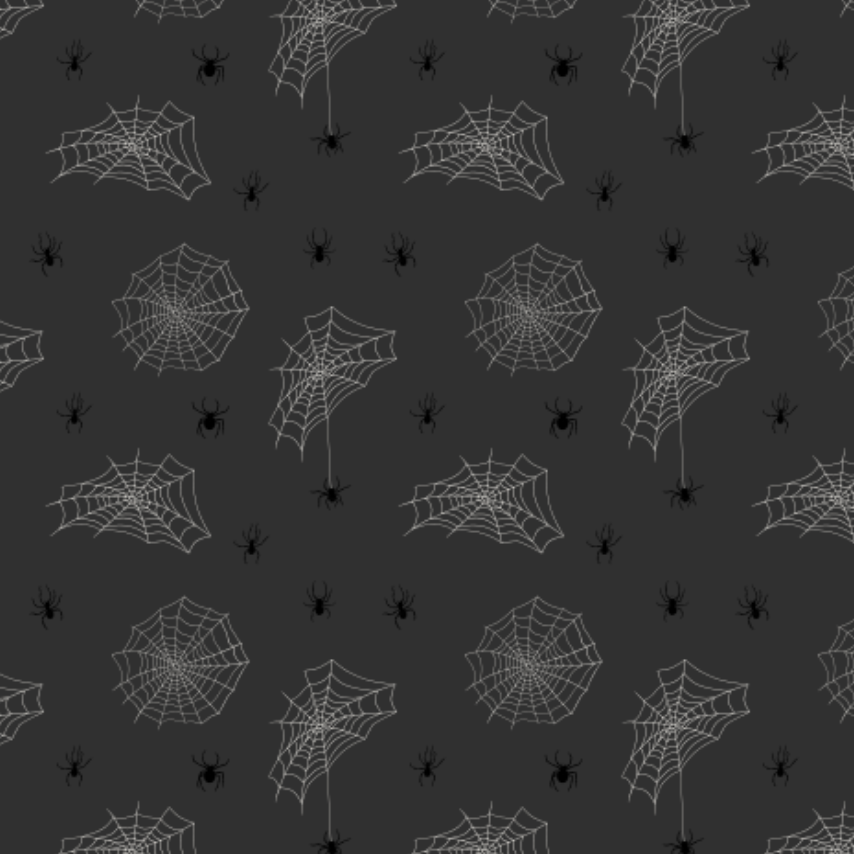 A repeating Halloween-themed pattern featuring white spiderwebs and small black spiders on a dark charcoal gray background.