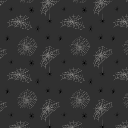 A repeating Halloween-themed pattern featuring white spiderwebs and small black spiders on a dark charcoal gray background.