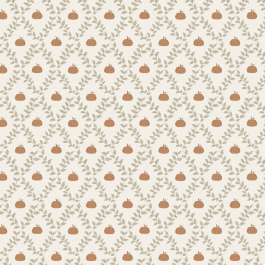 A repeating autumn pattern featuring small brown pumpkins and muted green leaves on a warm cream background.