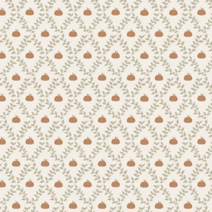 A repeating autumn pattern featuring small brown pumpkins and muted green leaves on a warm cream background.