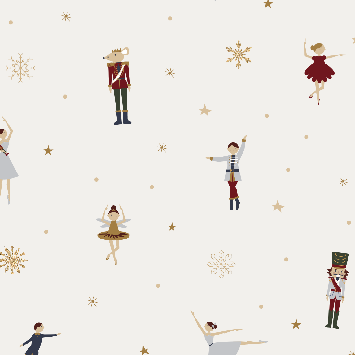 Pattern of ballet dancers and nutcrackers with snowflakes on a light background
