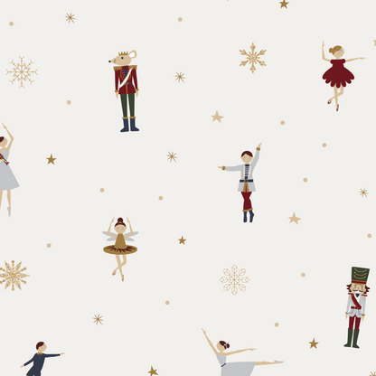 Pattern of ballet dancers and nutcrackers with snowflakes on a light background