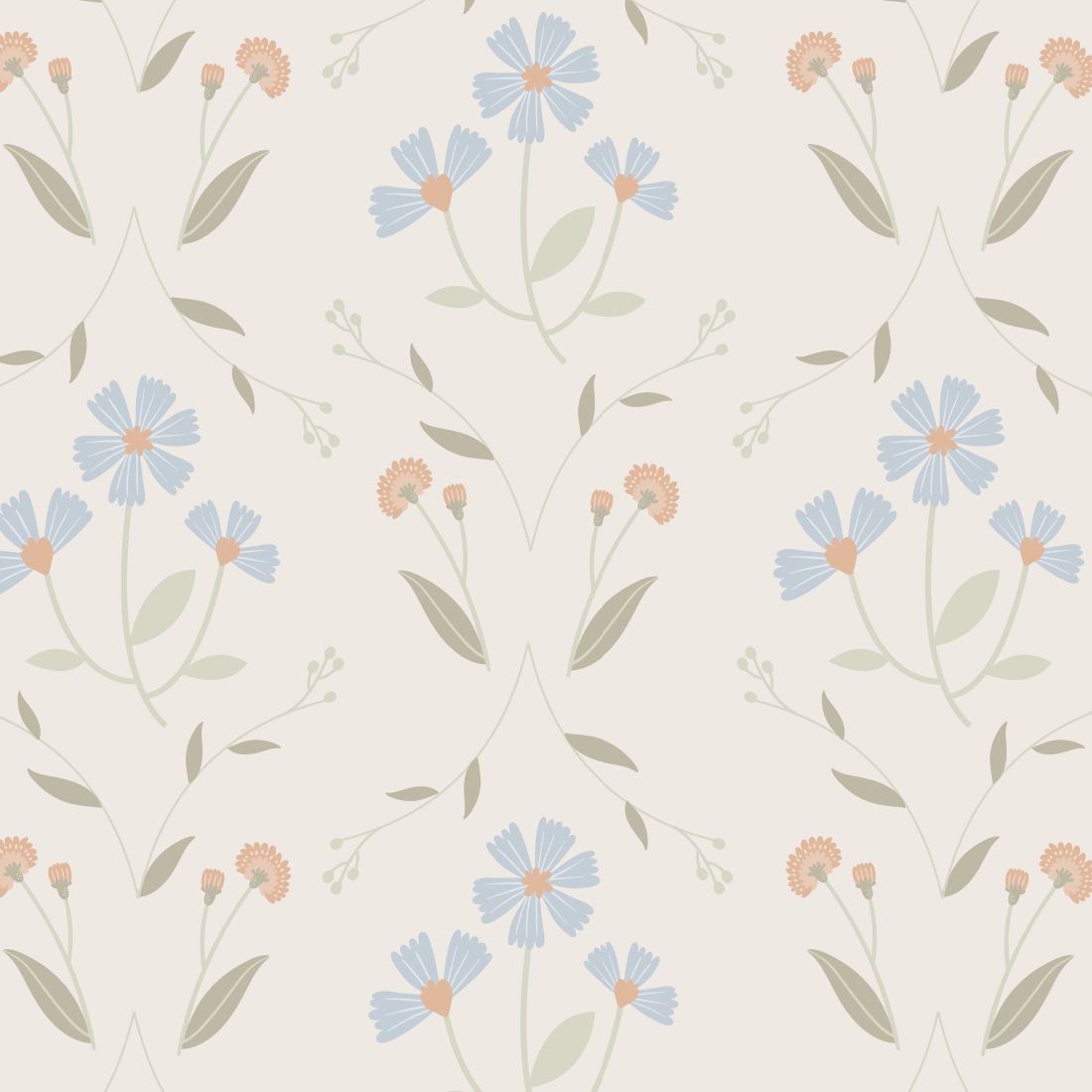 Floral pattern with blue and pink flowers on a light background
