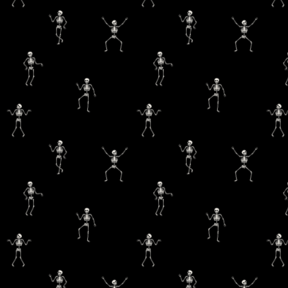 A repeating pattern of small white skeleton figures in various dancing poses on a solid black background.