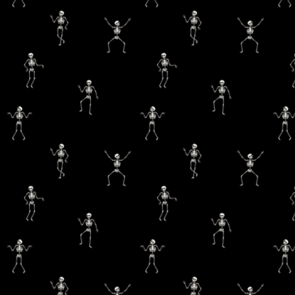 A repeating pattern of small white skeleton figures in various dancing poses on a solid black background.