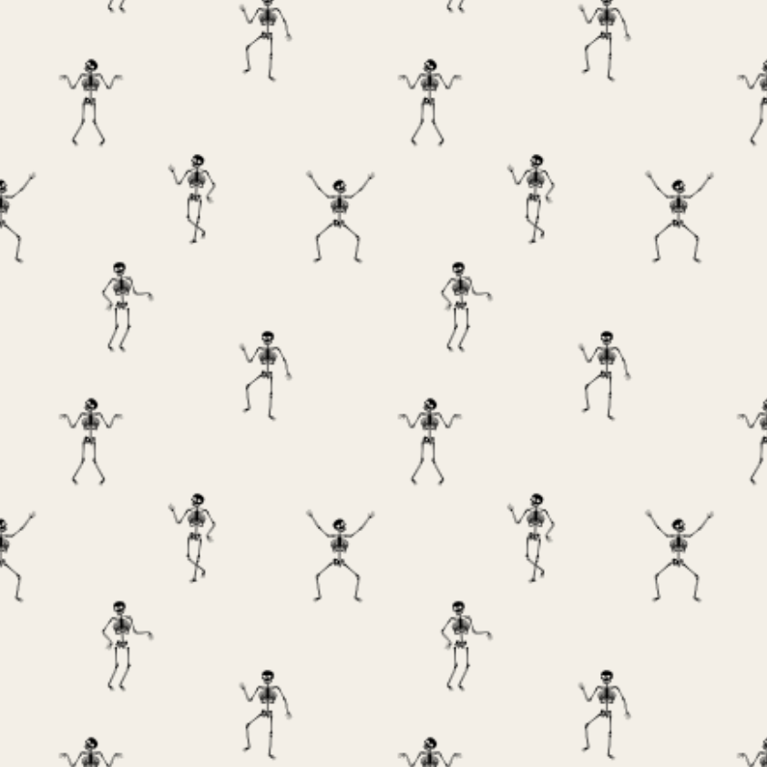 A repeating pattern of small black skeleton figures on a warm off-white background.