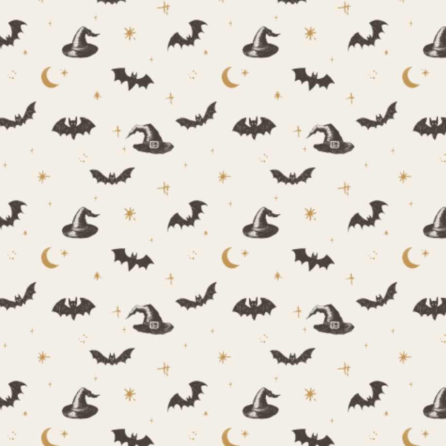 A repeating Halloween-themed pattern featuring black bats, witch hats, crescent moons, and small gold stars on a warm cream background.