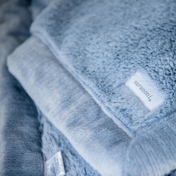 A picture of a baby blue faux fur blanket.