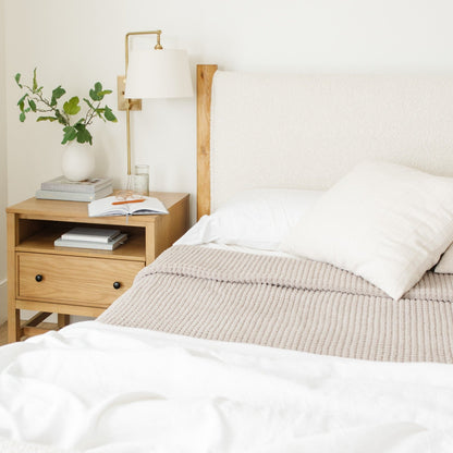 Warm and inviting taupe king-size waffle knit blanket, crafted from soft, high-quality fabric that enhances the coziness of your bed.